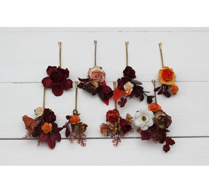  Set of 8 bobby pins in rust burgundy white color scheme. Hair accessories. Flower accessories for wedding.  0056 EU UK