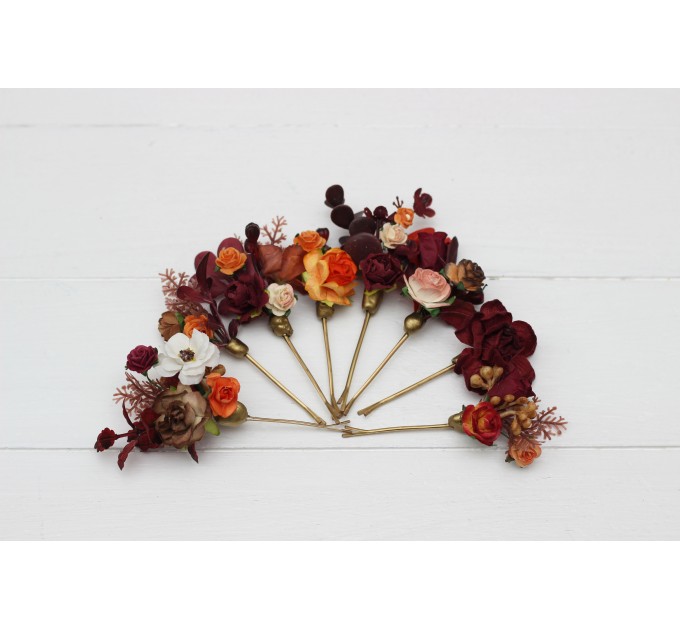  Set of 8 bobby pins in rust burgundy white color scheme. Hair accessories. Flower accessories for wedding.  0056 EU UK