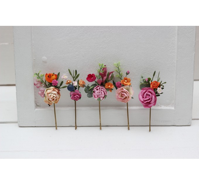  Set of  5 bobby pins in orange pink magenta  color scheme. Jewel-tone wedding. Hair accessories. Flower accessories for wedding. 0054 EU UK