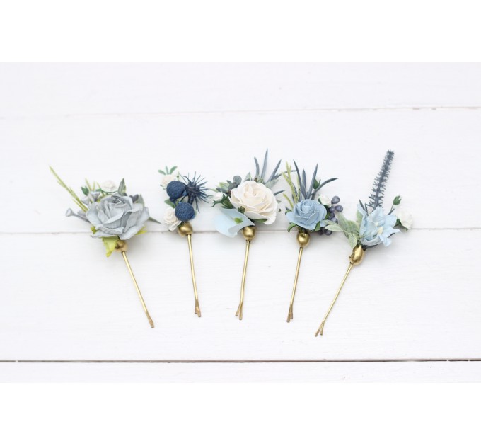  Set of  5 bobby pins in  dusty blue white  color scheme. Hair accessories. Flower accessories for wedding.  0055 EU UK