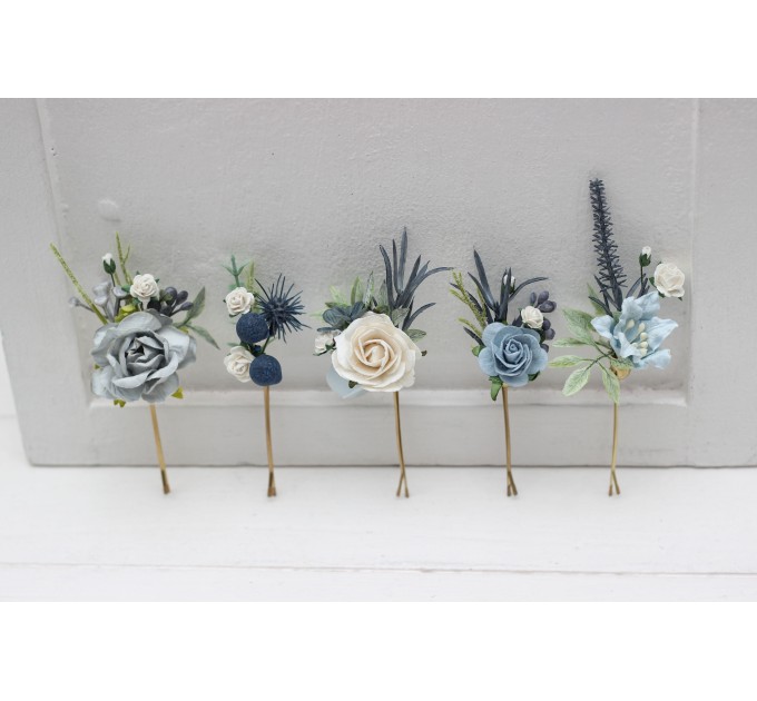  Set of  5 bobby pins in  dusty blue white  color scheme. Hair accessories. Flower accessories for wedding.  0055 EU UK