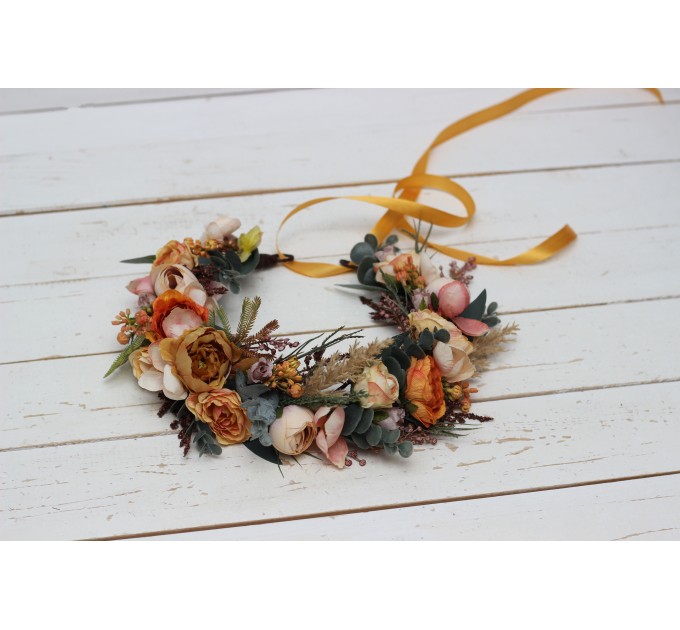  Orange rust peach crown. Hair wreath. Flower girl crown. Wedding flowers. 0001 EU UK