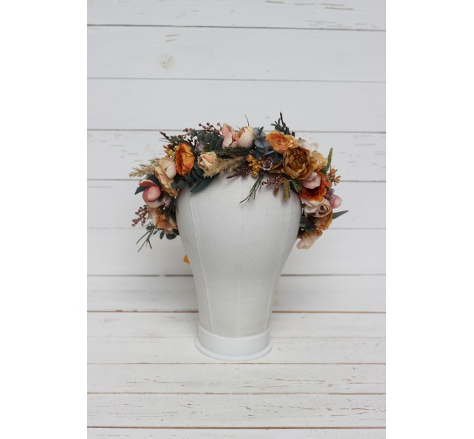  Orange rust peach crown. Hair wreath. Flower girl crown. Wedding flowers. 0001 EU UK