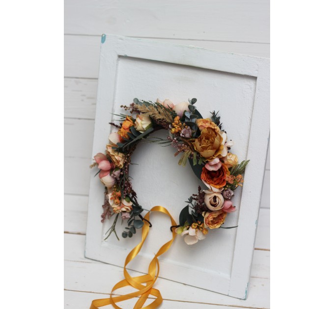  Orange rust peach crown. Hair wreath. Flower girl crown. Wedding flowers. 0001 EU UK