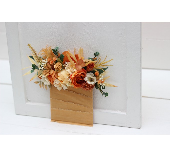 Pocket boutonniere in terracotta rust mustard ivory color scheme. Flower accessories. 0062 EU UK