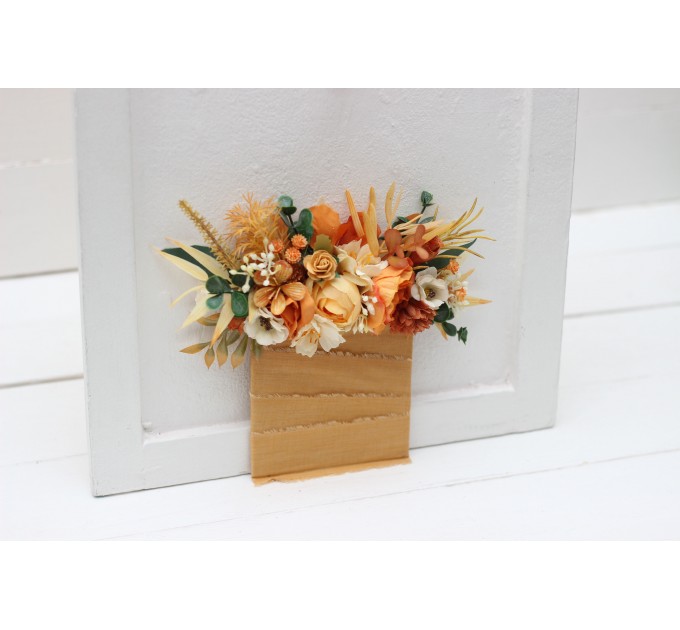 Pocket boutonniere in terracotta rust mustard ivory color scheme. Flower accessories. 0062 EU UK