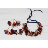 Orange burgundy navy blue  flower crown. Hair wreath. Flower girl crown. Wedding flowers. 0045 EU UK