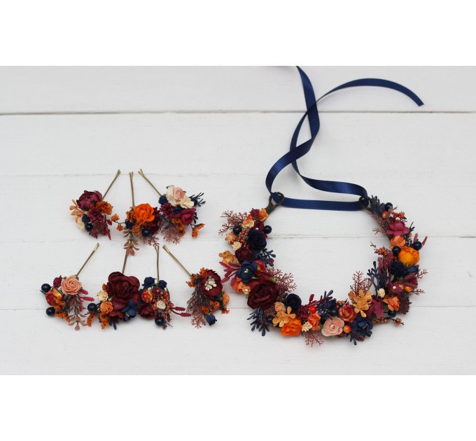 Orange burgundy navy blue  flower crown. Hair wreath. Flower girl crown. Wedding flowers. 0045 EU UK