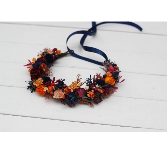 Orange burgundy navy blue  flower crown. Hair wreath. Flower girl crown. Wedding flowers. 0045 EU UK