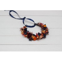 Orange burgundy navy blue  flower crown. Hair wreath. Flower girl crown. Wedding flowers. 0045 EU UK