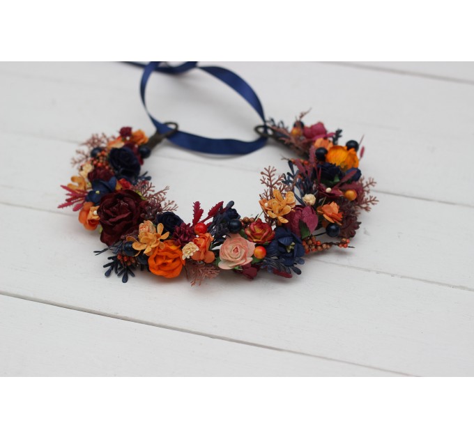 Orange burgundy navy blue  flower crown. Hair wreath. Flower girl crown. Wedding flowers. 0045 EU UK