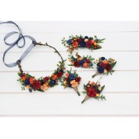 Burgundy navy blue and rust flower crown. Hair wreath. Flower girl crown. Wedding flowers. 5343