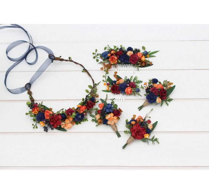  Wedding boutonnieres and wrist corsage  in burgundy navy blue and rust color scheme. Flower accessories. 5343