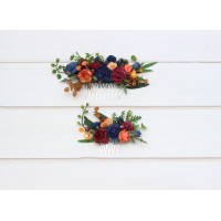 Flower comb in burgundy navy blue and rust  color scheme. Wedding accessories for hair. Bridal flower comb. Bridesmaid floral comb. 5343