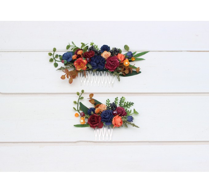 Flower comb in burgundy navy blue and rust  color scheme. Wedding accessories for hair. Bridal flower comb. Bridesmaid floral comb. 5343