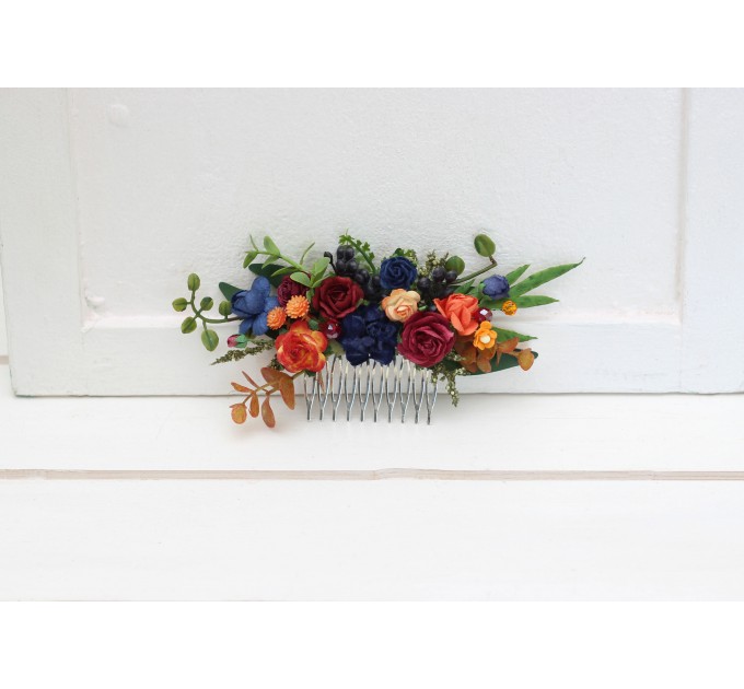 Flower comb in burgundy navy blue and rust  color scheme. Wedding accessories for hair. Bridal flower comb. Bridesmaid floral comb. 5343