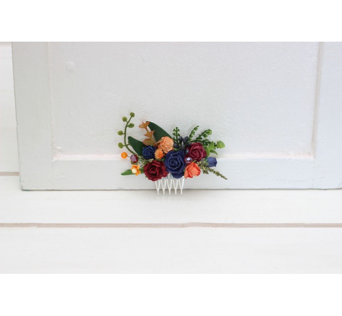 Flower comb in burgundy navy blue and rust  color scheme. Wedding accessories for hair. Bridal flower comb. Bridesmaid floral comb. 5343