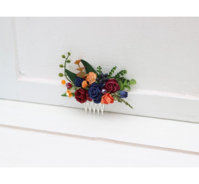 Flower comb in burgundy navy blue and rust  color scheme. Wedding accessories for hair. Bridal flower comb. Bridesmaid floral comb. 5343