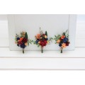  Wedding boutonnieres and wrist corsage  in burgundy navy blue and rust color scheme. Flower accessories. 5343