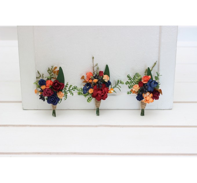  Wedding boutonnieres and wrist corsage  in burgundy navy blue and rust color scheme. Flower accessories. 5343