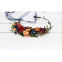 Burgundy navy blue and rust flower crown. Hair wreath. Flower girl crown. Wedding flowers. 5343