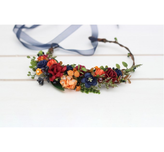 Burgundy navy blue and rust flower crown. Hair wreath. Flower girl crown. Wedding flowers. 5343