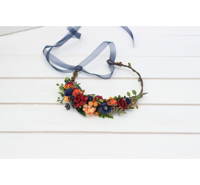 Burgundy navy blue and rust flower crown. Hair wreath. Flower girl crown. Wedding flowers. 5343