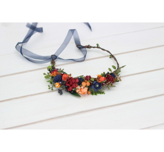 Burgundy navy blue and rust flower crown. Hair wreath. Flower girl crown. Wedding flowers. 5343