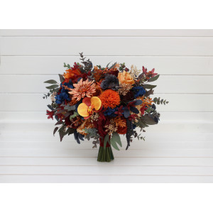 Wedding bouquets in rust orange burgundy navy blue colors. Bridal bouquet. Cascading bouquet. Faux bouquet. Bridesmaid bouquet. 0043