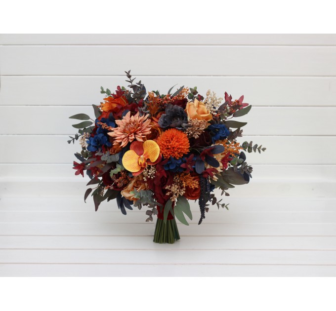 Wedding bouquets in rust orange burgundy navy blue colors. Bridal bouquet. Cascading bouquet. Faux bouquet. Bridesmaid bouquet. 0043