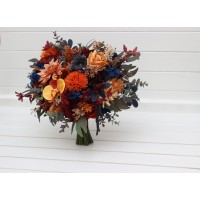 Wedding bouquets in rust orange burgundy navy blue colors. Bridal bouquet. Cascading bouquet. Faux bouquet. Bridesmaid bouquet. 0043