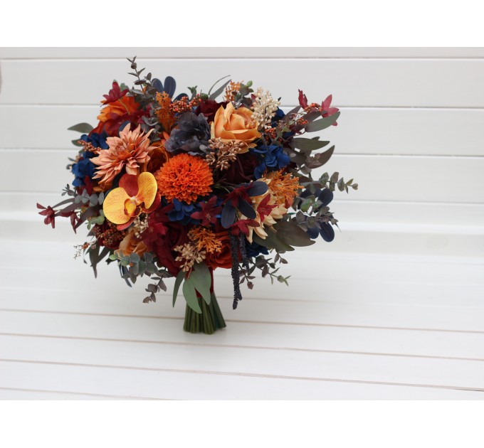 Wedding bouquets in rust orange burgundy navy blue colors. Bridal bouquet. Cascading bouquet. Faux bouquet. Bridesmaid bouquet. 0043