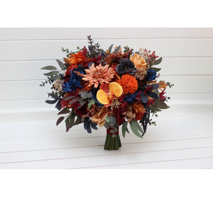 Wedding bouquets in rust orange burgundy navy blue colors. Bridal bouquet. Cascading bouquet. Faux bouquet. Bridesmaid bouquet. 0043