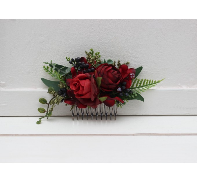 Flower comb in red green blue  color scheme. Wedding accessories for hair. Bridal flower comb. Bridesmaid floral comb. 5236