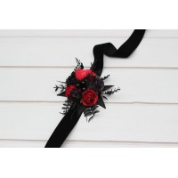  Wedding boutonnieres and wrist corsage  in black and red color scheme. Flower accessories. Halloween wedding. 5041