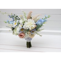 Bouquet in blue white beige color theme. Bridal bouquet. Faux bouquet. Bridesmaid bouquet. Wildflowers bouquet. 5345