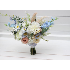 Bouquet in blue white beige color theme. Bridal bouquet. Faux bouquet. Bridesmaid bouquet. Wildflowers bouquet. 5345