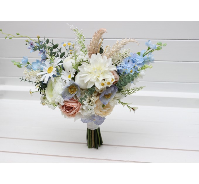 Bouquet in blue white beige color theme. Bridal bouquet. Faux bouquet. Bridesmaid bouquet. Wildflowers bouquet. 5345