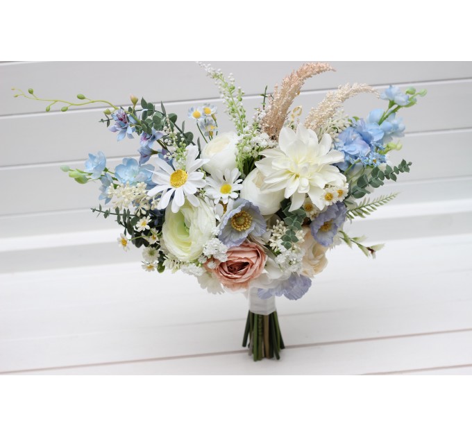 Bouquet in blue white beige color theme. Bridal bouquet. Faux bouquet. Bridesmaid bouquet. Wildflowers bouquet. 5345