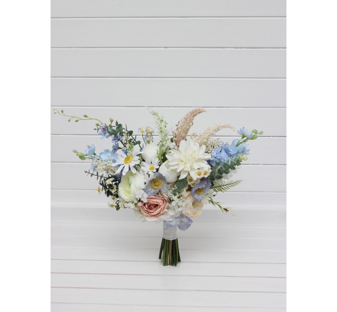 Bouquet in blue white beige color theme. Bridal bouquet. Faux bouquet. Bridesmaid bouquet. Wildflowers bouquet. 5345