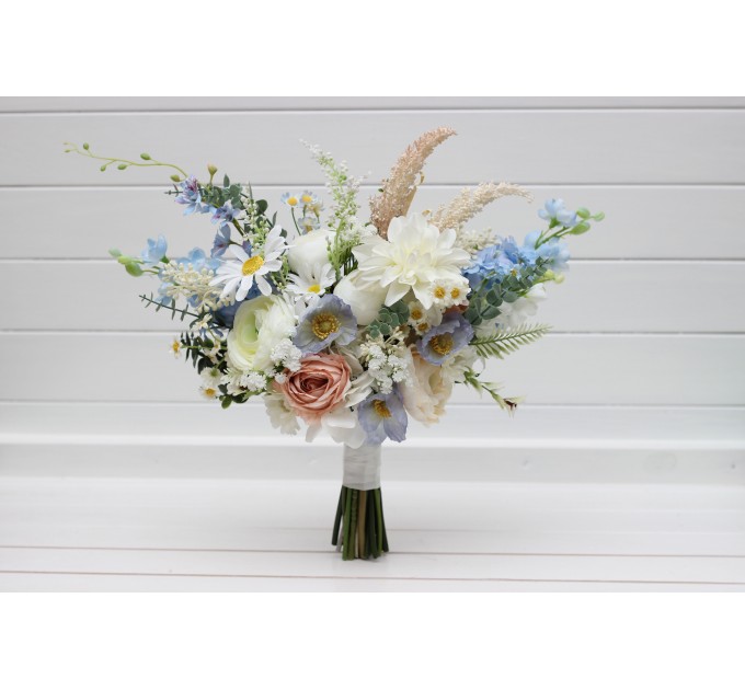 Bouquet in blue white beige color theme. Bridal bouquet. Faux bouquet. Bridesmaid bouquet. Wildflowers bouquet. 5345