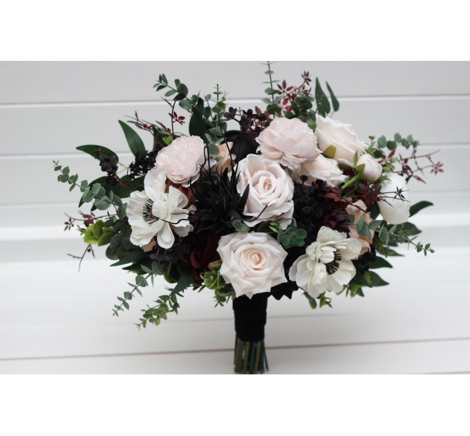 Bouquets in Blush pink burgundy black white brown color theme. Bridal bouquet. Faux bouquet. Bridesmaid bouquet. Moody wedding. 5346