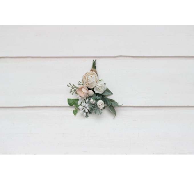  Wedding boutonniere  in white blush pink color scheme. Flower accessories. Groom boutonniere. 5347