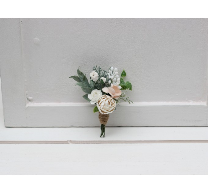  Wedding boutonniere  in white blush pink color scheme. Flower accessories. Groom boutonniere. 5347