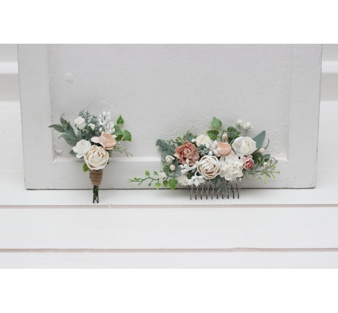  Wedding boutonniere  in white blush pink color scheme. Flower accessories. Groom boutonniere. 5347