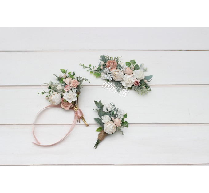  Wedding boutonniere  in white blush pink color scheme. Flower accessories. Groom boutonniere. 5347