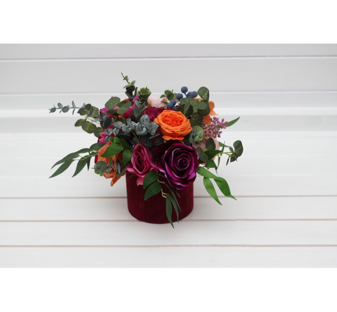 Emerald green orange pink magenta centerpiece. Jewel-tone wwdding. Table decor. Wedding flowers in box. 5127