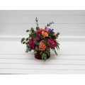 Emerald green orange pink magenta centerpiece. Jewel-tone wwdding. Table decor. Wedding flowers in box. 5127