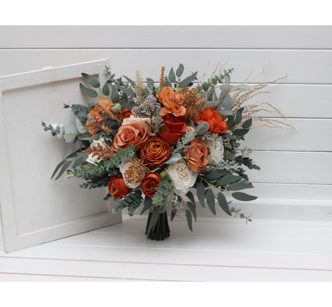 Bouquets in burnt orange ivory sage green color theme. Bridal bouquet. Faux bouquet. Bridesmaid bouquet. 5348