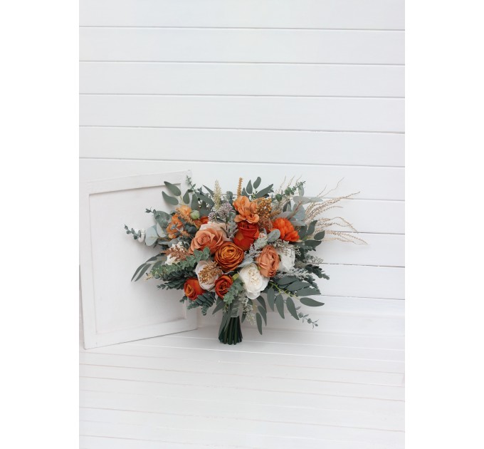 Bouquets in burnt orange ivory sage green color theme. Bridal bouquet. Faux bouquet. Bridesmaid bouquet. 5348